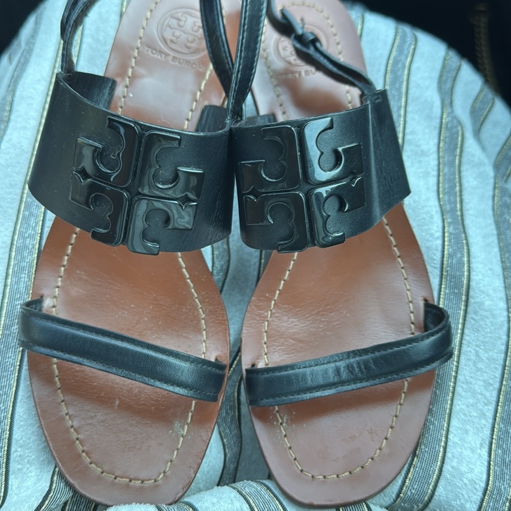 Tory Burch Black Lowell Napa Leather Block Heels Black Sz 7 Sandals. Excellent - Picture 10 of 14